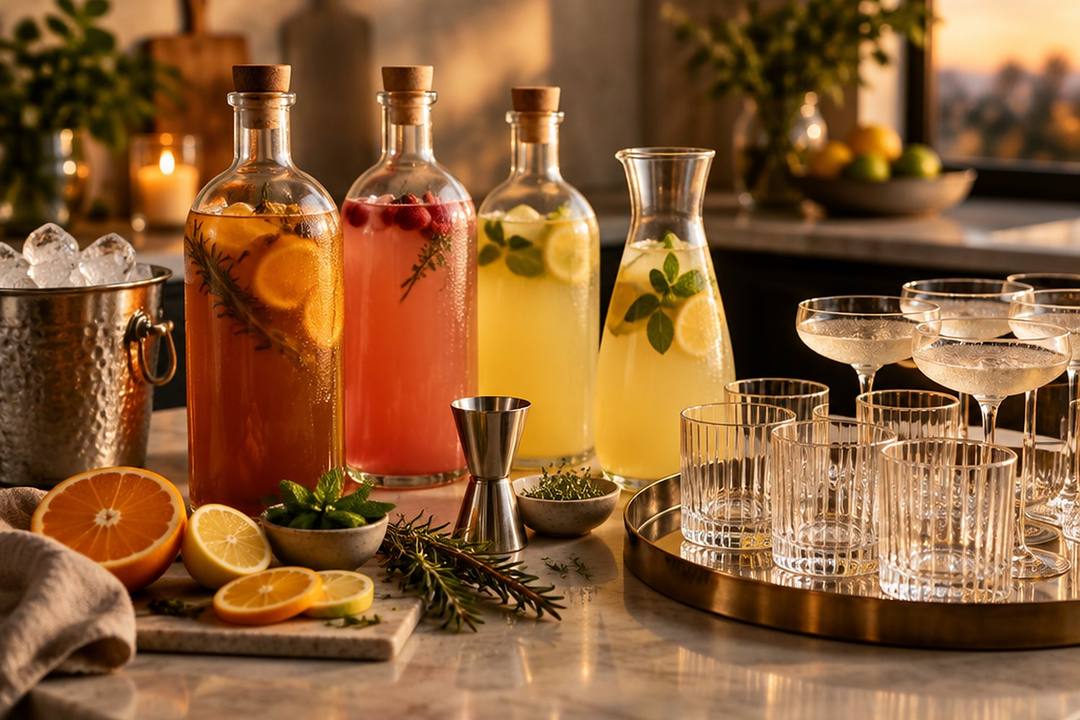Vorbereitete Batch-Cocktails in Flaschen und Karaffe, daneben Eiskübel, Jigger, Zitrusscheiben und ein Tablett mit Gläsern