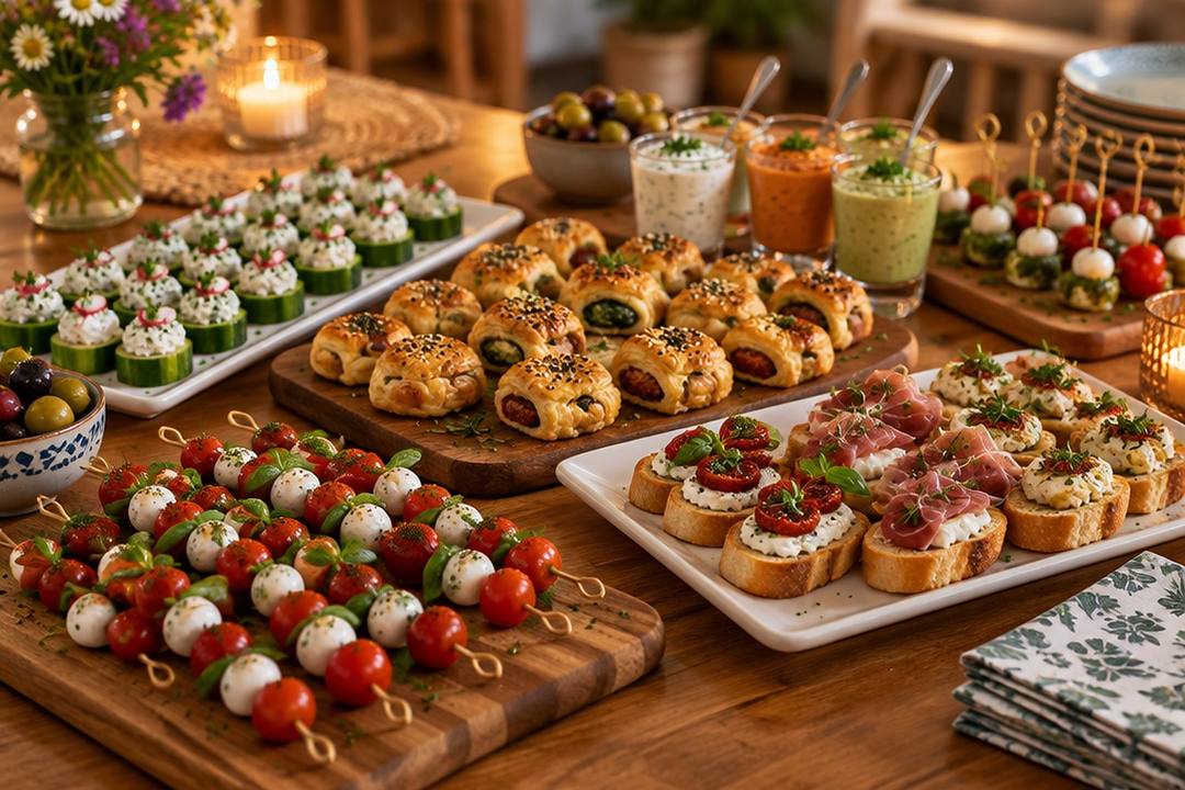 Party-Buffet mit Fingerfood: Tomate-Mozzarella-Spieße, Blätterteig-Röllchen, Gurkenhäppchen, Crostini und kleine Dip-Gläser