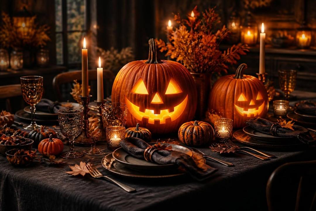 Gedeckter Halloween-Tisch mit zwei leuchtenden geschnitzten Kürbissen, Kerzen, Herbstlaub und dunklem Geschirr