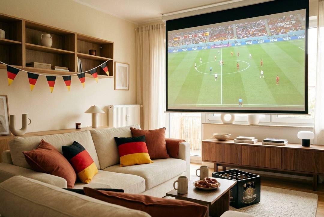 WM-Spiel zuhause: Wohnzimmer in schwarz-rot-gold mit Bildschirm, Snacks und Fahnen