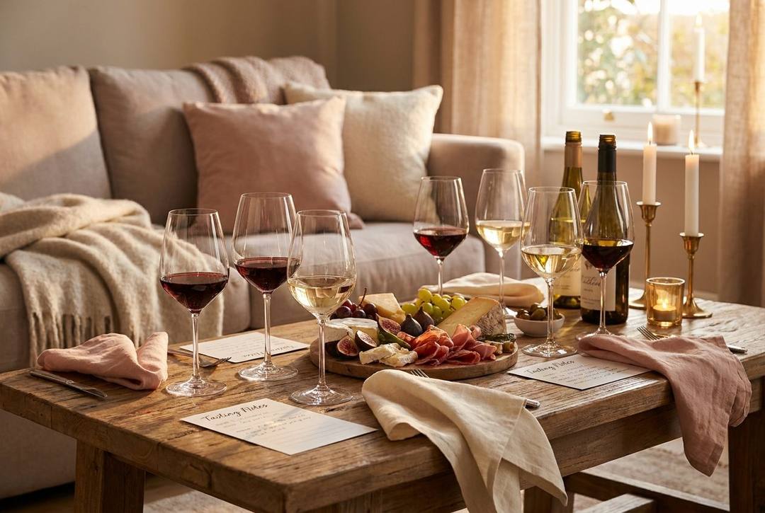 Wine Tasting mit den Girls zuhause: Weingläser, Käse-Board, Trauben und Verkostungskarten auf einem warmen Tisch