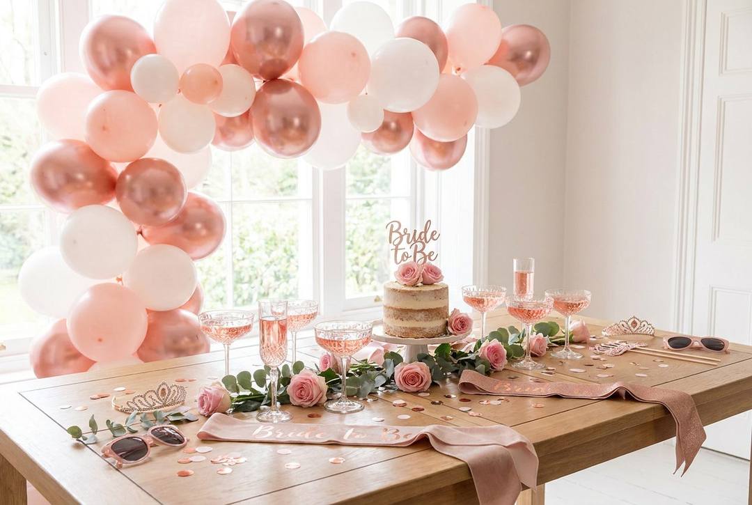 Festlich dekorierter Tisch für einen Junggesellinnenabschied in Rosé und Roségold mit Ballonbogen, Prosecco-Gläsern, Blumen und Schärpen