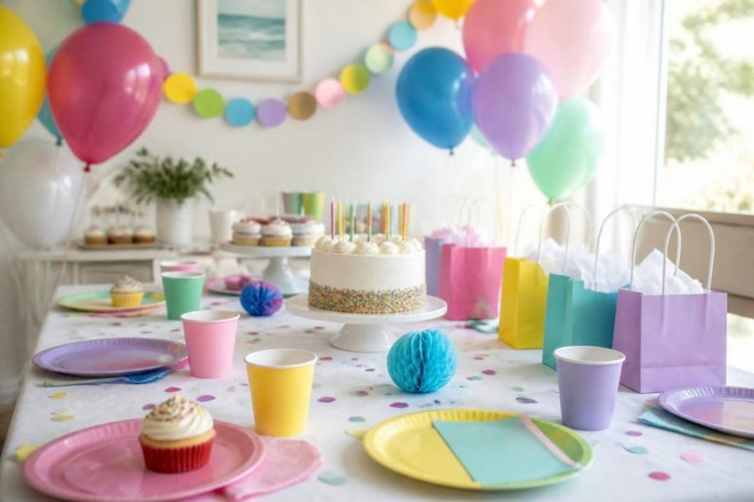 Bunter Tisch für einen Kindergeburtstag mit Geburtstagskuchen, Muffins, Luftballons, Wimpelkette und Mitgebseltüten