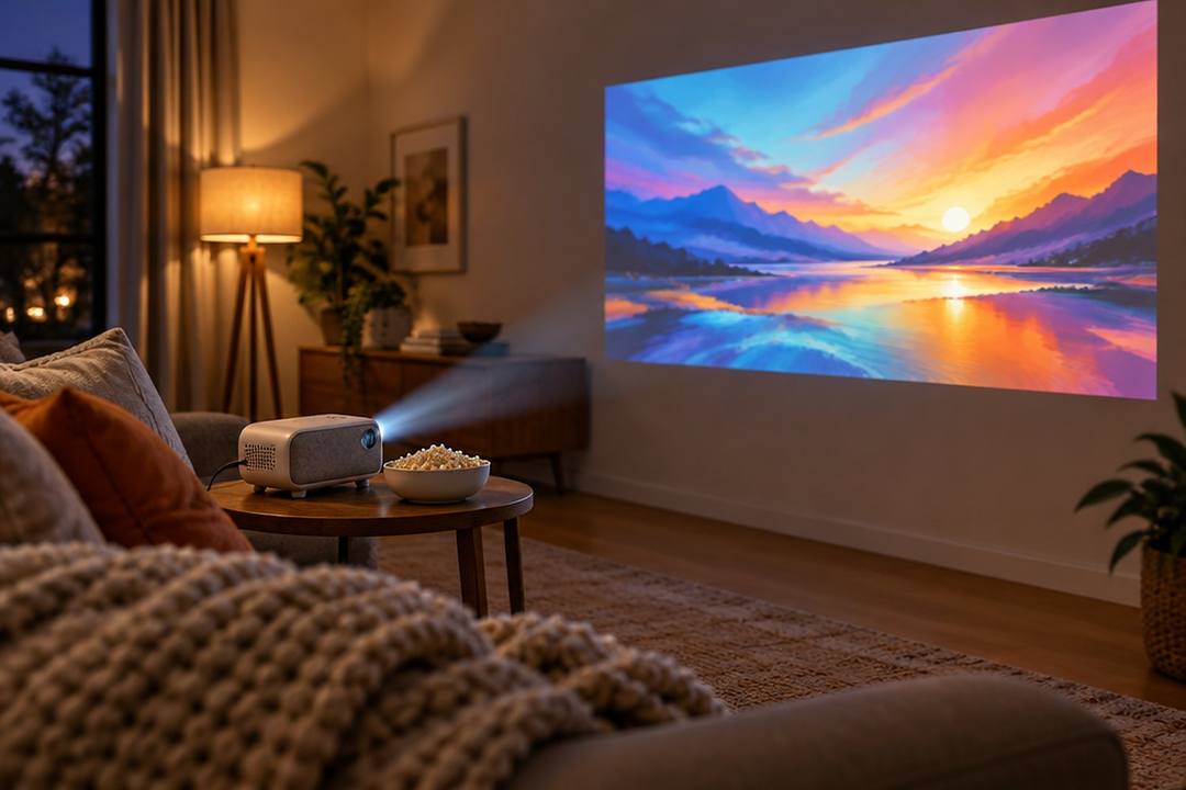 Mini-Beamer auf einem Beistelltisch wirft ein großes Bild an die Wohnzimmerwand, davor Sofa mit Strickdecke und eine Schale Popcorn