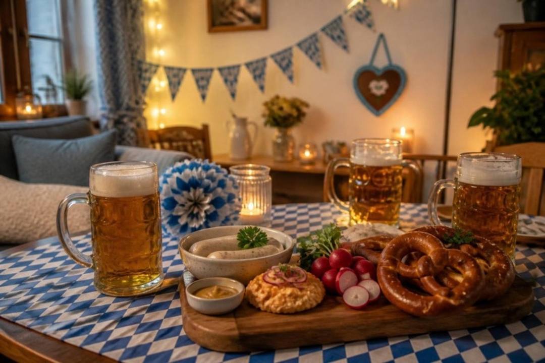 Oktoberfest zuhause: Tisch mit weiß-blauer Rautendecke, Maßkrügen, Brezn, Weißwürsten, Obatzda und Radieserl, dahinter Wimpelkette und Lebkuchenherz