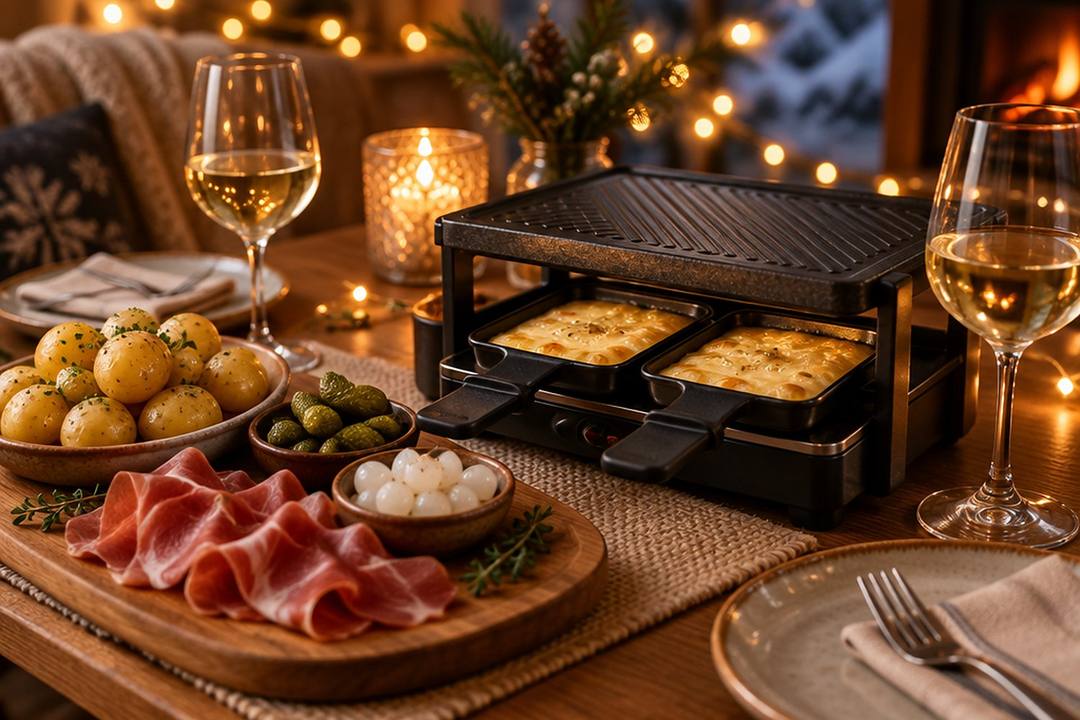 Raclette-Grill für zwei mit geschmolzenem Käse in den Pfännchen, Pellkartoffeln, Schinken, Cornichons und zwei Gläsern Weißwein bei Kerzenlicht