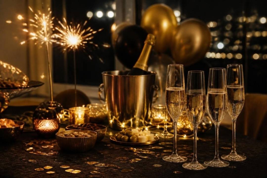 Silvester-Tisch mit Sektflasche im Kühler, gefüllten Sektgläsern, Wunderkerzen, goldenen Luftballons und Konfetti