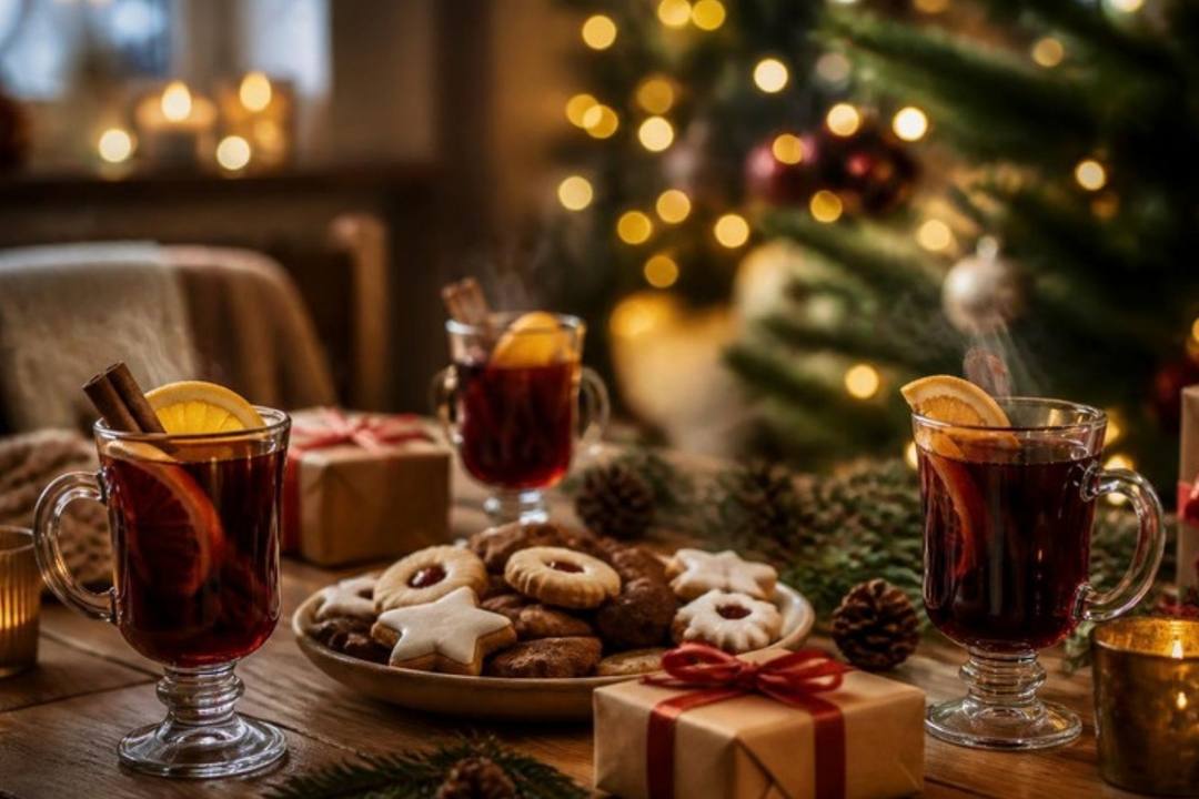 Weihnachtlicher Tisch mit dampfenden Glühweingläsern, Orangenscheiben und Zimtstangen, Plätzchen, kleinen Geschenken und Lichterbaum im Hintergrund
