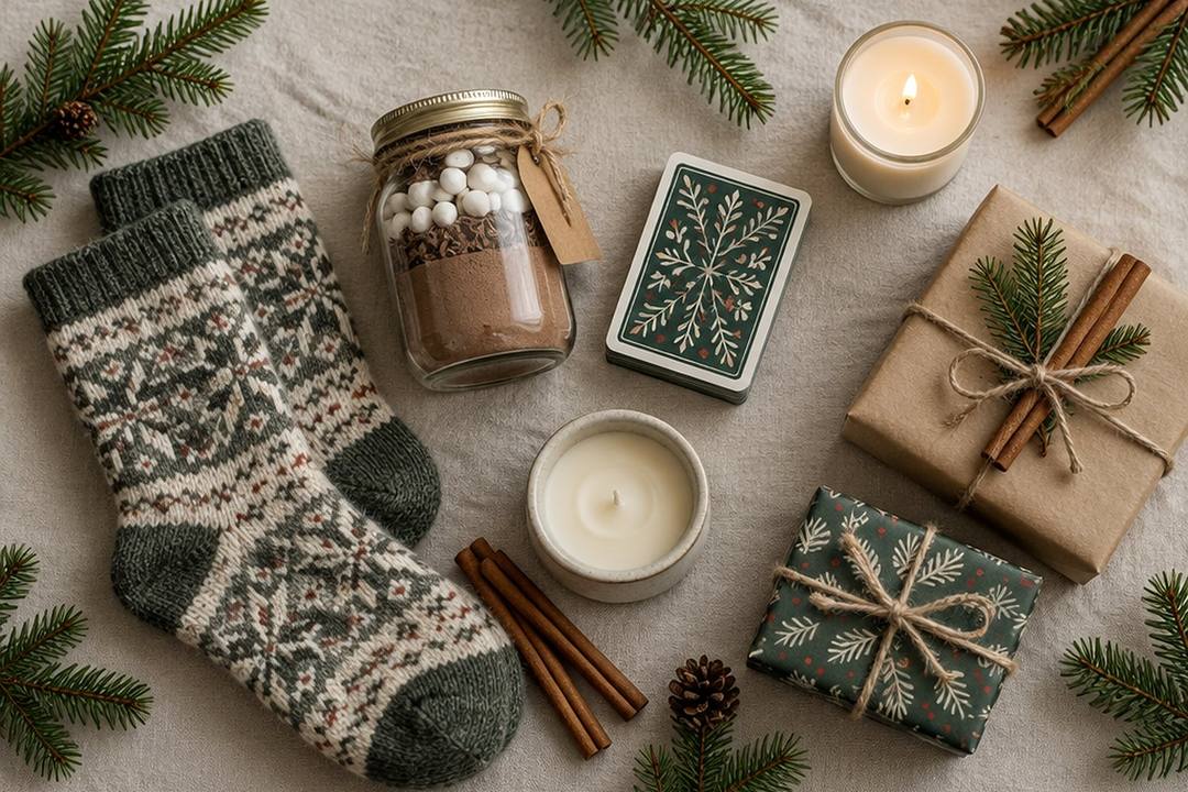 Kleine Wichtelgeschenke auf Leinen: Wollsocken, Kakao im Glas, Kartenspiel, Kerze und in Packpapier verpackte Päckchen zwischen Tannenzweigen