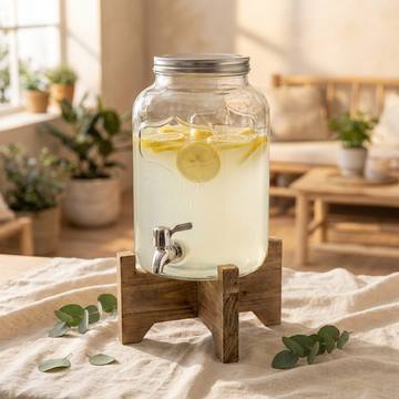 Glas-Getränkespender mit Edelstahl-Zapfhahn auf Holzständer, gefüllt mit Limonade